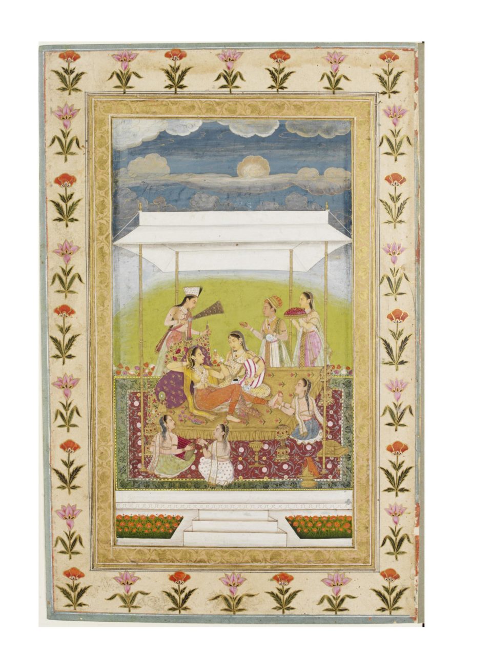 The principal lady wears a transparent, long-sleeved peshwaz (overdress) with a gold paned skirt under a high waist, above which there are double rows of pink-edged white lappets round the neck opening. She wears an orange paijama (trousers) with gold dotted and floral motifs and a golden patka ornamented with bands of pink, blue and pale orange flowers. Over her head and hanging down over her shoulders on either side she has a gauzy yellow, patterned dupatta (scarf) edged in gold